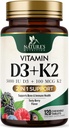 Vitamin D3 K2 dodatek CLAS124; 5000 IU D3 + K2 100 mcg CLAS124; MK-7 K2 s vitaminem D CLAS124; Podporuje imunitní, srdce, zuby a zdraví kostí - Příroda snadno žvýkat, VIT D3 K2, Non- GMO, Tasty Berry Flavor - 120 Tablet