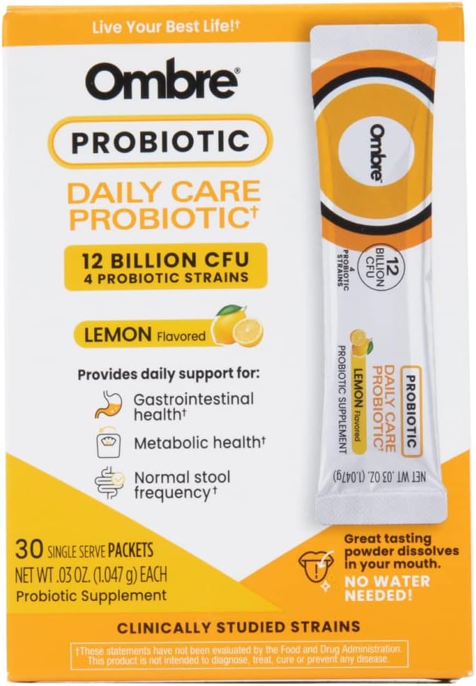 Ombre Daily Care Probiotic Powder - Prebiotika a Probiotika pro ženy, muže, děti - Rychlé rozpuštění Powder Promotes Digestive Health & CelkovýchWellness - 12 miliard CFU - Lemon Flavor, 30 Packets