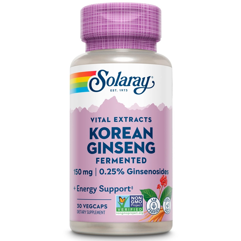 SOLARAY Fermented Korean Ginseng Root Extract 124; Zdravý stres, Energy & Fyzical Endurance Support CLAS124; Vegan, Non- GMO CLAS124; 30 VegCaps