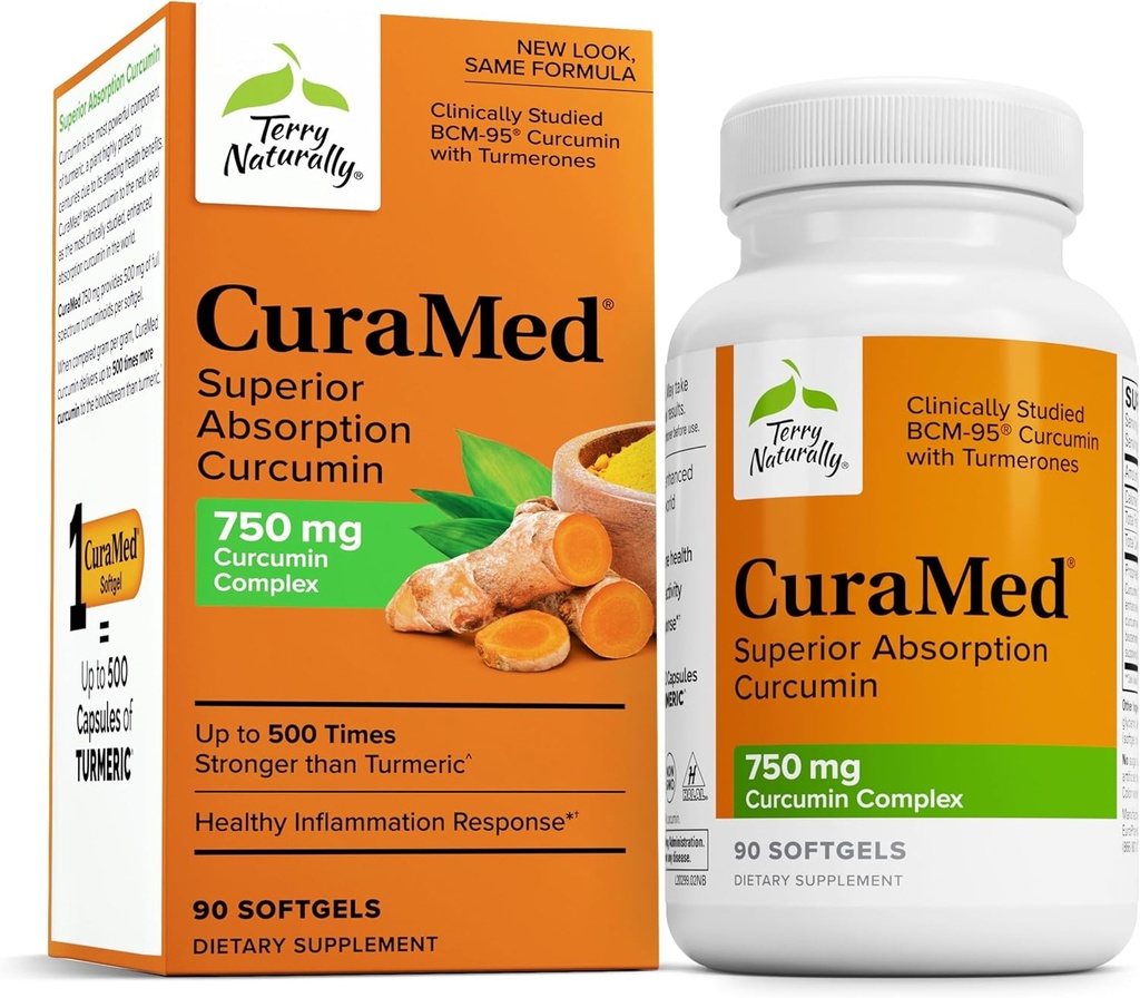 Terry Přirozeně CuraMed 750mg - Antioxidant Supplement for Brain & Heart Health Support - Dietní dodatek s vysokým potenciálem Curcumin Complex - Ledviny, játra a imunitní podpora zdraví - 90 Softgels