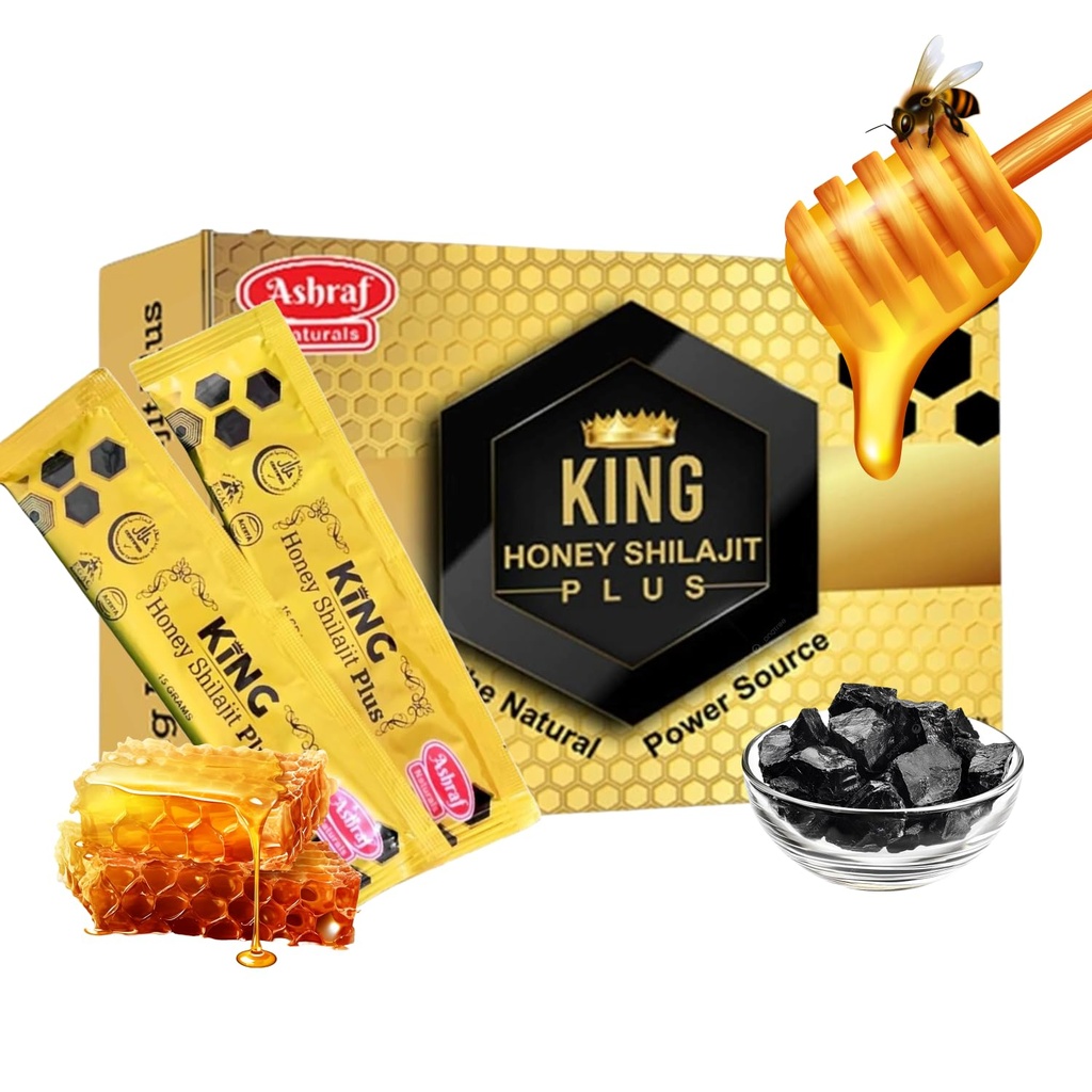 Ashraf Naturals King Honey Shilajit Plus - Premium Honey & Himalayan Shilajit Blend with Herbal Extracts, Natural Energy & Vitality Support, 15 Sachets x 15g