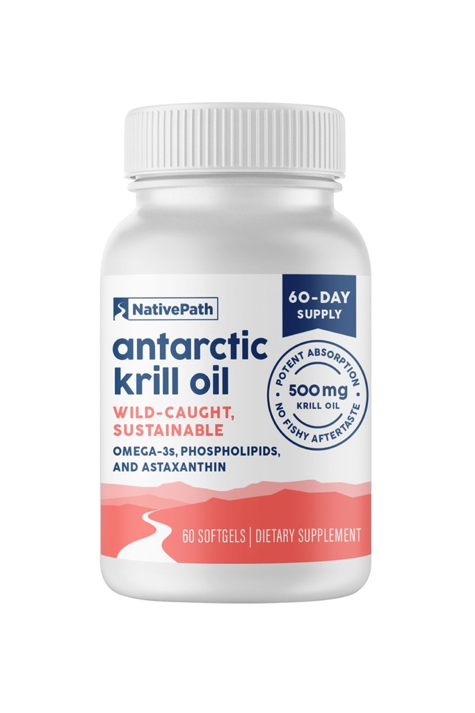 NativePath Antarktida Krill Oil - Wild- Casted Omega 3 Krill Oil 500mg Softgels with EPA, DHA and Astaxanthin - Doplněk pro kloub, srdce, mozek a imunitu - 60 ct - No Fishy Aftentact