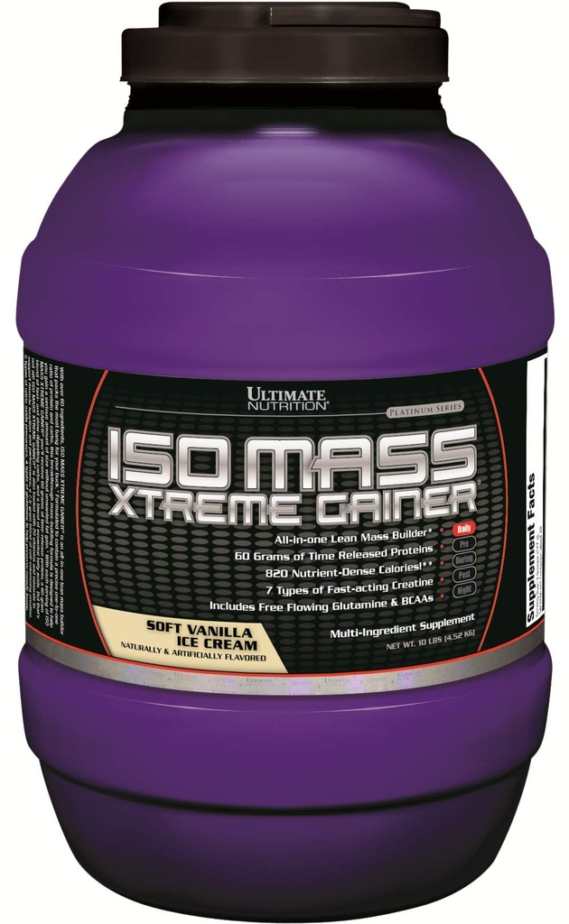 Ultimate Nutrition ISO Mass Xtreme Gainer, Weight Gainer Protein Powder with creatine, 60 Grams of Protein, Syrovátka izolát protein Powder for Lean Muscle Gain, 10 LBS with 30 Servings, Vanilla Ice Cream