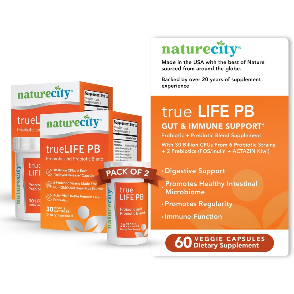 NatureCity True- Life- PB Stabilní směsi Prebiotika a Probiotika pro ženy a muže - Stravovací Gut Zdravotní doplňky pro ženy a muže - Mléčné zdarma - (60 Veggie Kapsle)