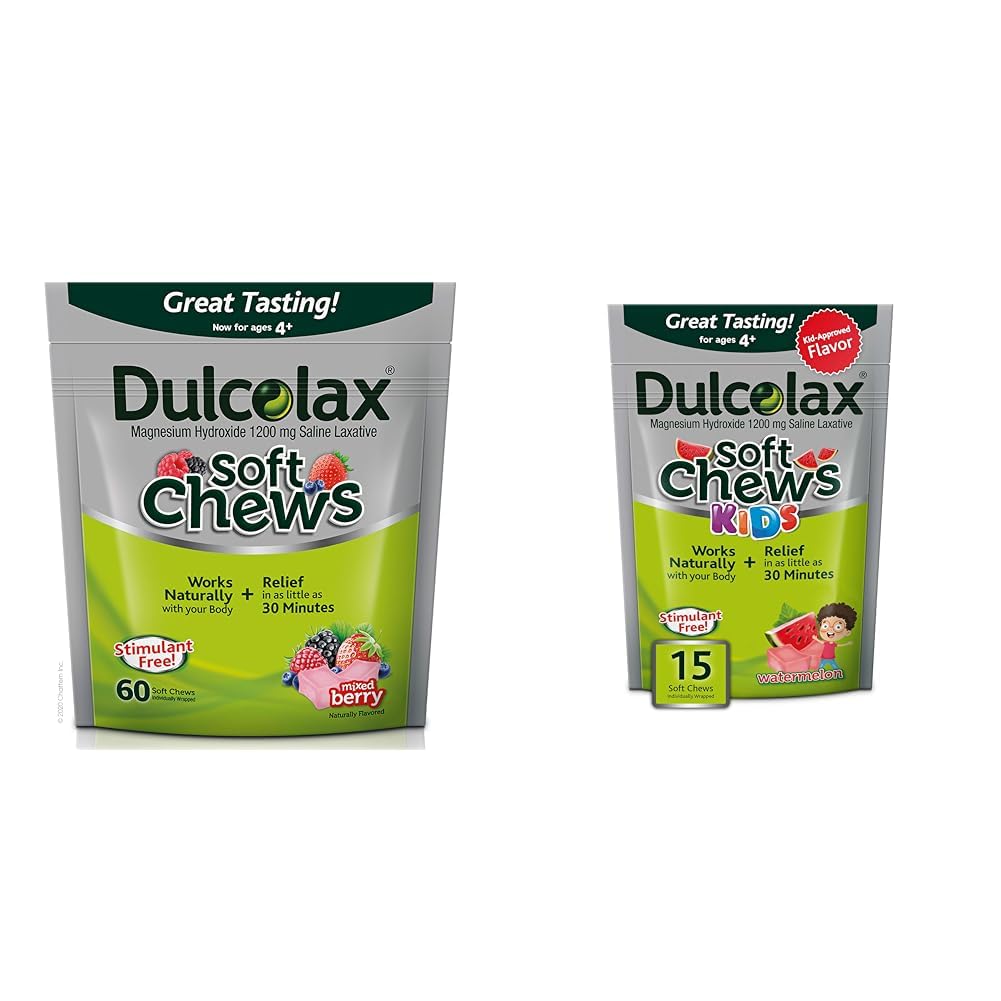 Dulcolax Soft Chews Saline Laxative Mixed Berry (60ct) Gentle Concurrency Relief & Kids Soft Chews Saline Laxative Watermeloun Gentle Concurrency Relief, Magnesium