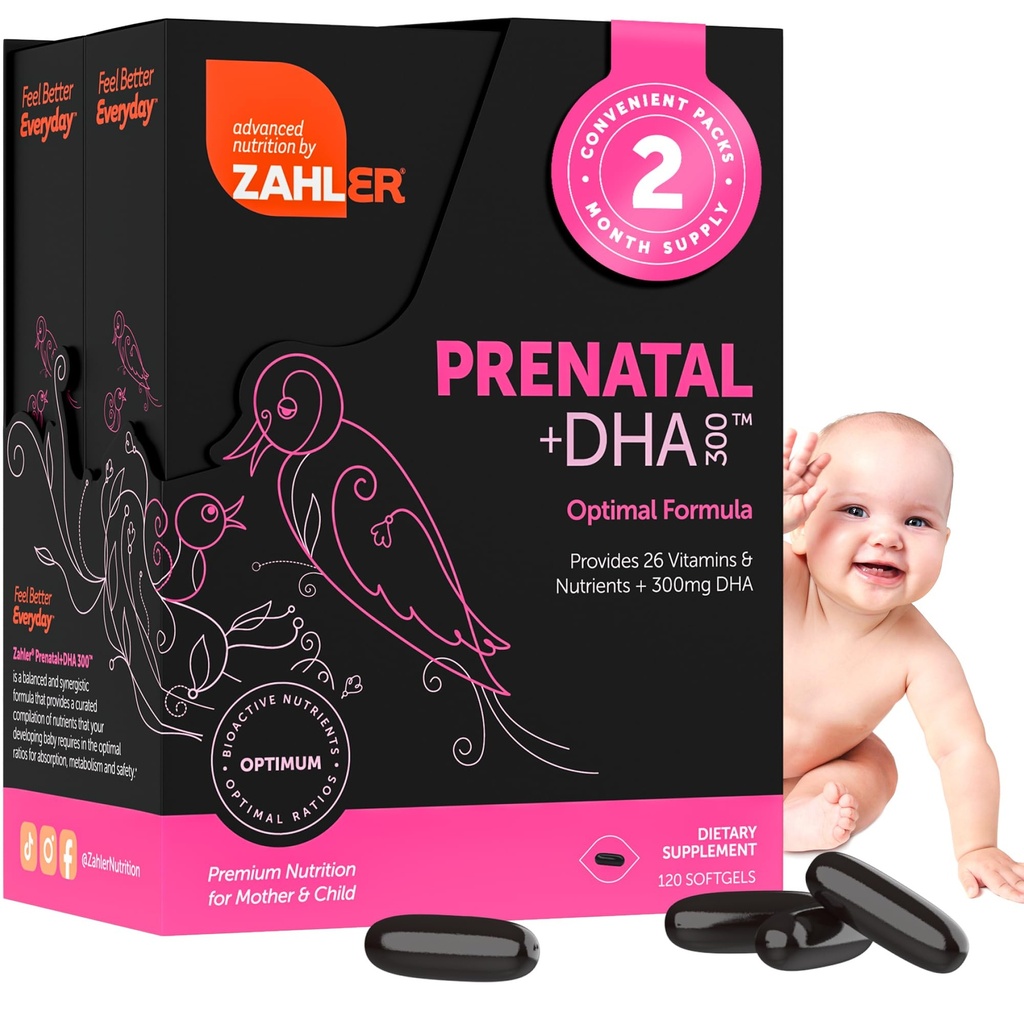 Zahler Prenatal Vitamin s DHA & Folát - DHA doplňky a Prenatal Multivitamin pro matku a dítě - Kosher Prenatal DHA Prenatal Vitaminy s železem, Pre Natal Softgels (120 Počet (balení po 1))
