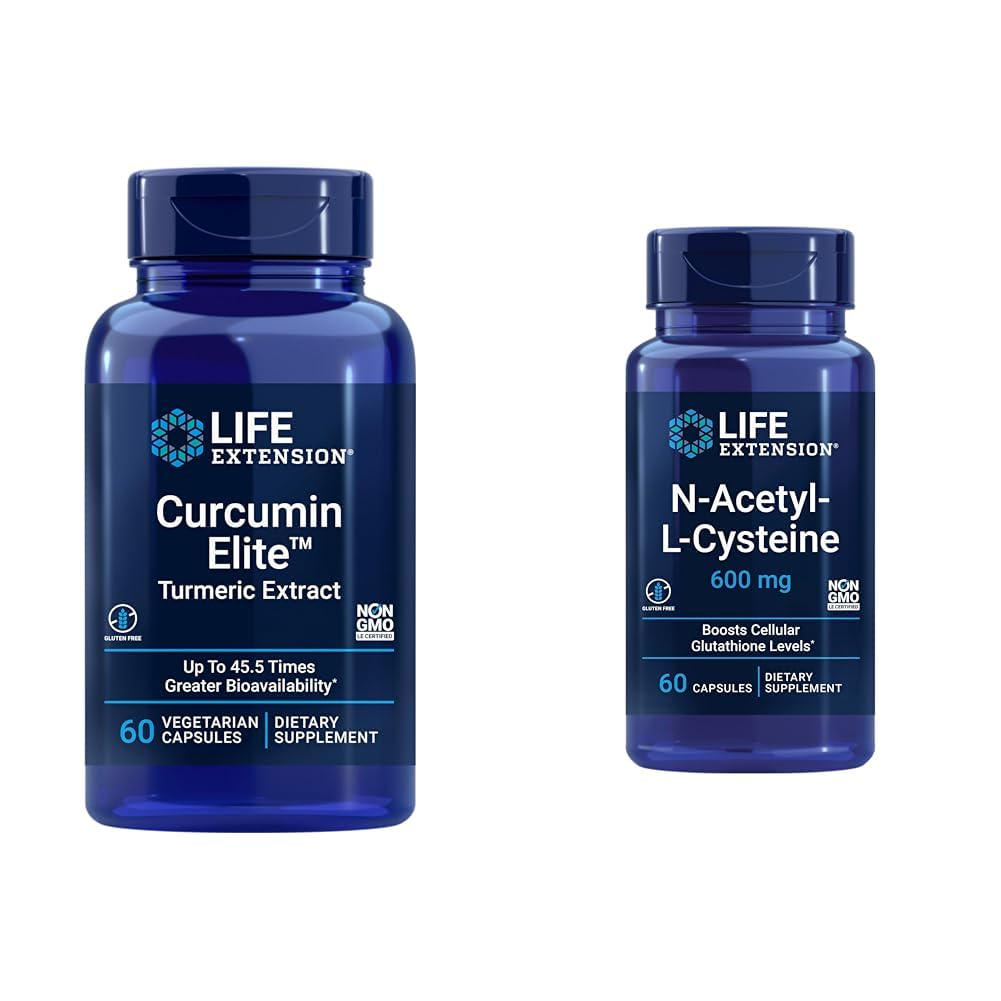 Life Extension Curcumin Elite Turmeric Extract & N- Acetyl- L- Cystein (NAC), Imunitní, Respirační, jaterní zdraví, NAC 600 mg, Potenciální antioxidant Support, Free- radikály, Snadno absorbovatelné, 60 Kapsle