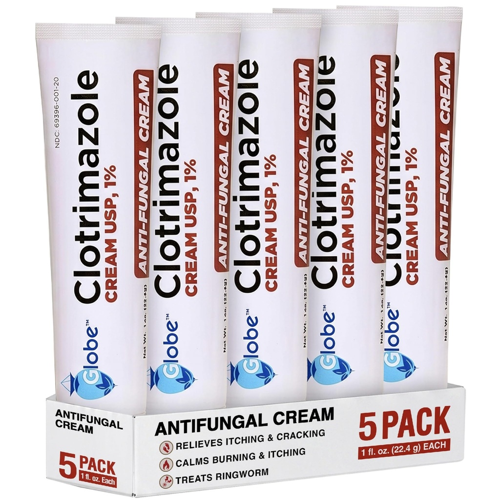 (5 balení) Globe Clotrimazol Antimykotický krém 1% (1 oz) Zmírňuje svědění, pálení, praskání a škálování spojené s plísňovými infekcemi Př