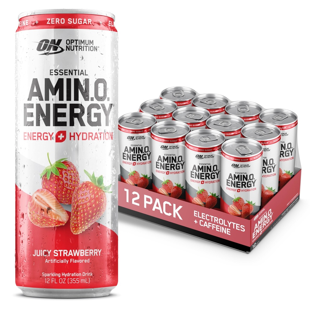 Optimum Nutrition Amino Energy Sparkling Hydration Drink, Electrolytes, kofein, aminokyseliny, BCAA, bez cukru, šťavnaté jahody, 12 Fl Oz, 12 Pack (Balení květen Vary)