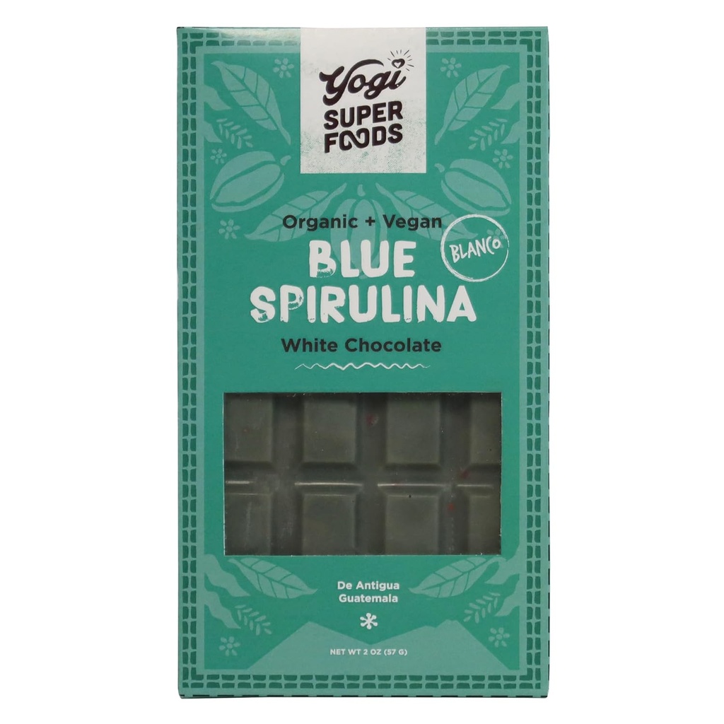 Yogi Super Foods Vegan White Chocolate Blue Spirulina Bar, Zdravý & Organic for Energy Boost vyrobený ze syrového Cacao másla, gluten Oves zdarma, slazené s Panela Cukr, Macadamia Nuts - 1 Bar