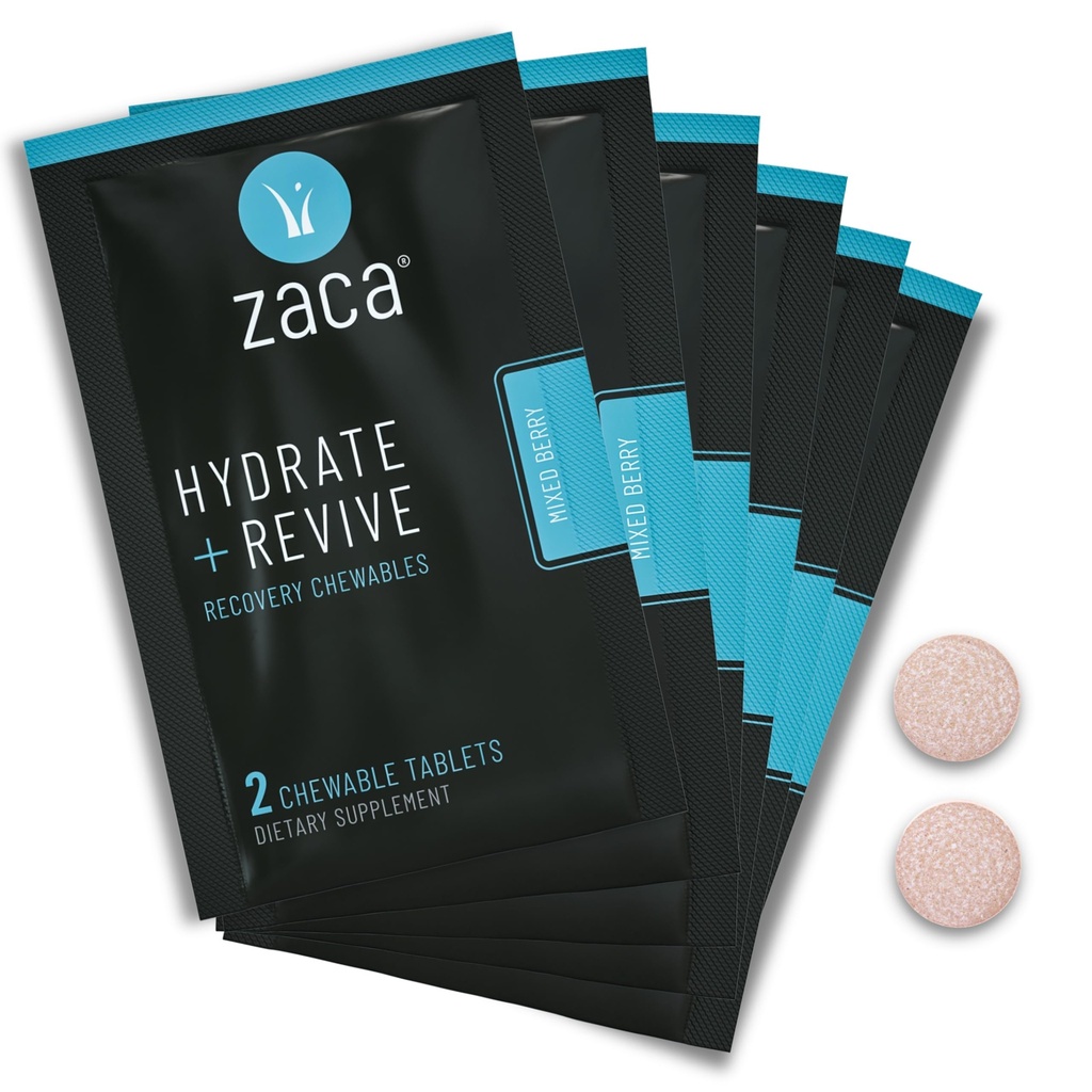 Zaca Recovery Žvýkací doplněk 124; Hydrate + Revive Dublin 124; Party, Cestování, Cvičení & Nadmořská výška 124; Cukr zdarma & gluten zdarma 124; Smíšené Berry, 6 Packets = 12 Tablety