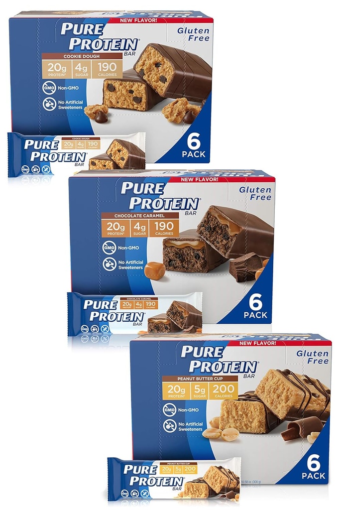 Čisté proteinové bary, vysoký protein, výživné Snacks na podporu energie, nízký cukr, gluten zdarma, Vina zdarma Variety Pack (Cookie Dough / Choc Karamel / arašídové máslo Cup), 1.76 oz, Pack of 18