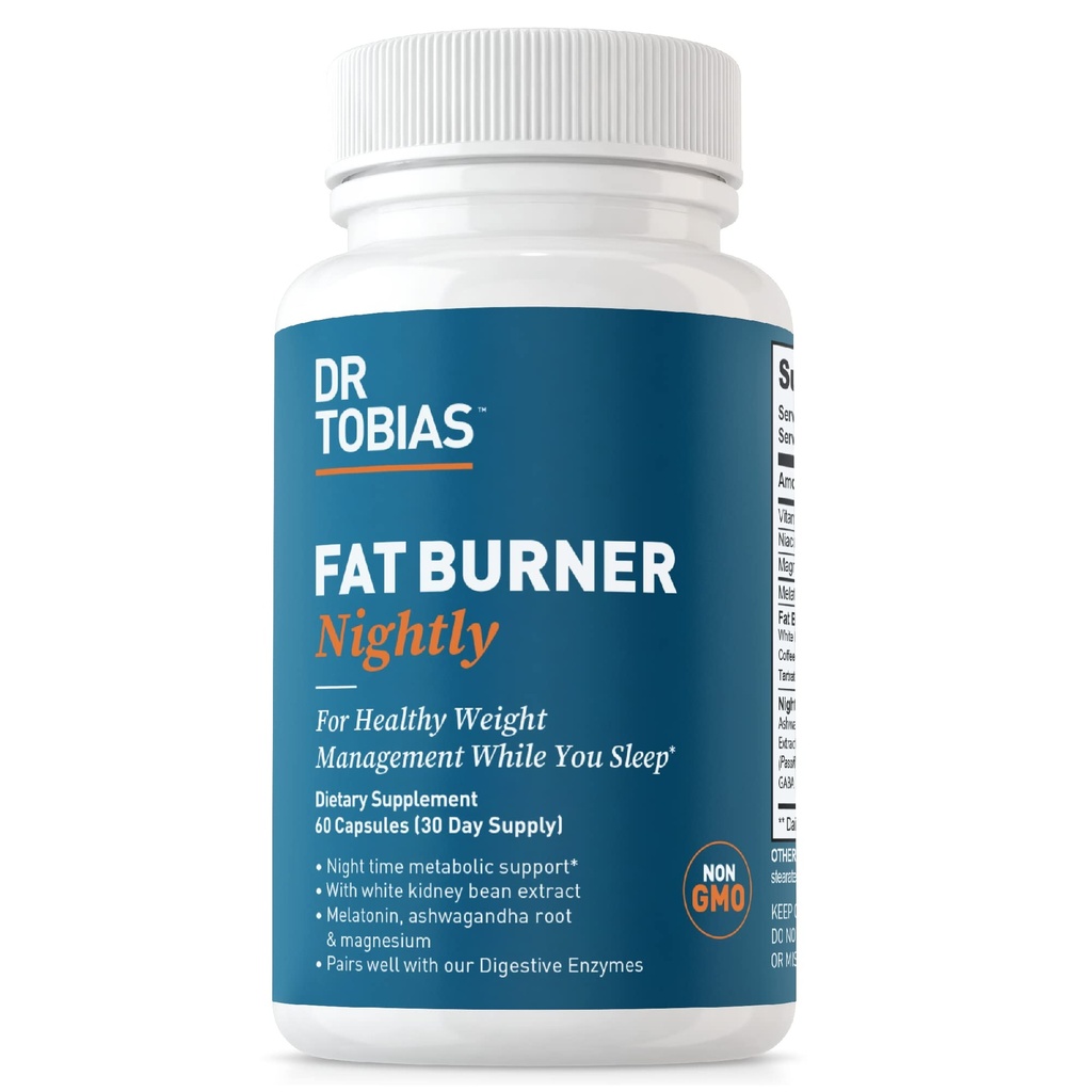Dr. Tobias Fat Burner Nightly - Night Time Metabolic Support with White Kidney Bean Extract, Ashwagandha Root, Green Coffee Bean Extract & Melatonin Extract 124; Non- GMO (60 Kapsle 30 Day Supply)