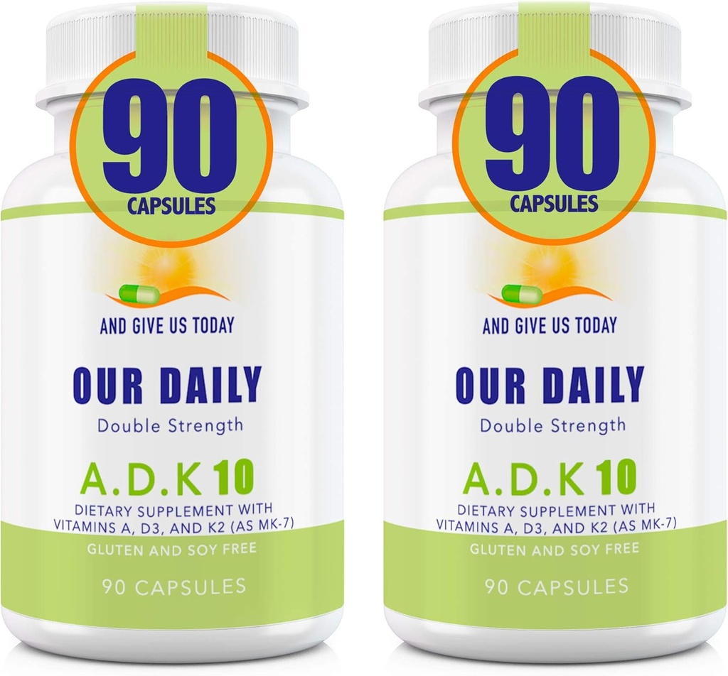 Naše Daily Vites ADK 10 Double Strength (10.000 iu) Vitamíny A1, D3 & K2 (jako MK7) - Lékařská certifikovaná podpora kostního a imunitního systému - Gluten Free, non GMO - 180 Vegetariánské kapsle