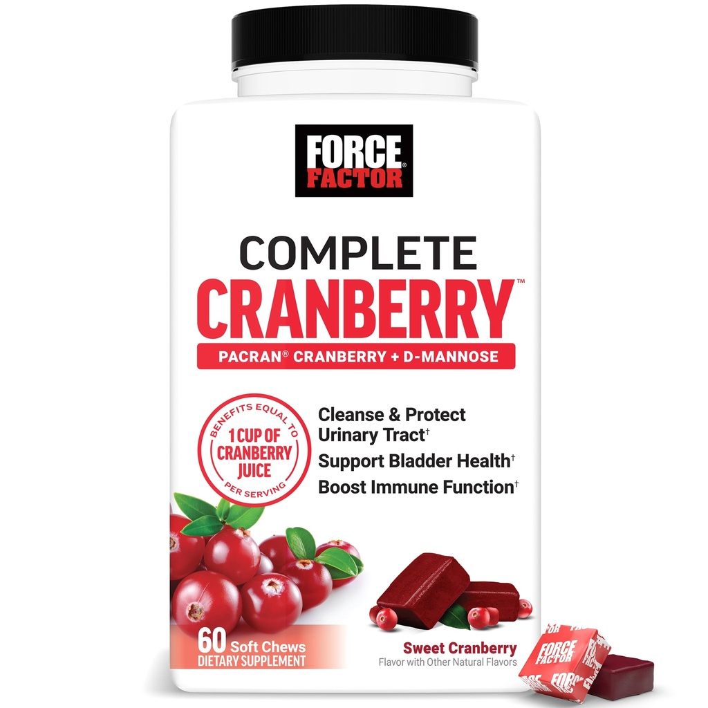 FORCE FACTOR Cranberry Soft Chews, Cranberry dodatek s D Mannose a Cranberry Extract na podporu močového měchýře a močového traktu zdraví pro ženy, Vegan, Sweet Cranberry Flavor, 60 měkkých Chews