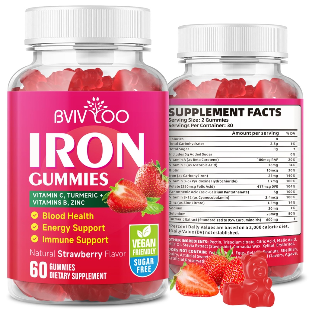 Veganské železné gumy pro dospělé a děti - s vitamínem C, A, B- komplex, folát, zinek a biotin - pro Blood Building & Energy Support, 60 Gummies