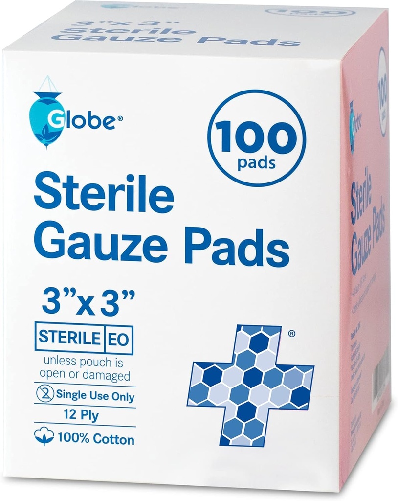 Globe 3 "x 3" Advanced Sterile Gauze Pads, 100- Pack Individually Packed - 12- Ply Cotton for Wound Care Dressing, Vysoce absorbentní obvazy pro domácí a nouzové použití - Travel & First Aid Kit Essential