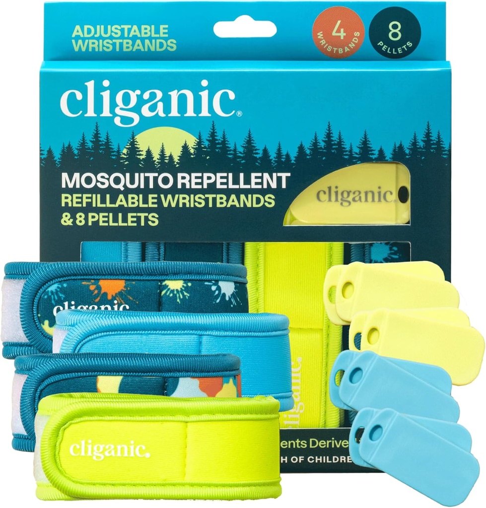 Cliganic Mosquito Repelent Pack (4 náramky + 8 plnicích pelet) - Nastavitelné, Natural DEET- Free, Essential Oil Infused