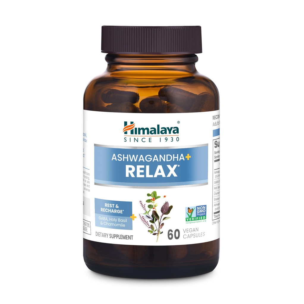 Himalaya Ashwagandha + Relax, s GABA, Svatý Basil & Heřmánek pro obnovu, Relaxation & Stress Relief, Vegan, Gluten Free, 540 mg, 60 Vegetariánské kapsle, 1 měsíc