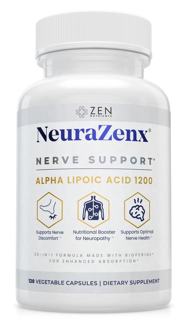 Zen Nutrients NeuraZenX Nerve Support & Periferní neuropatie Support Supplementary with 1200mg Alpha Lipoic Acid (ALA), Benfotiamin, L- karnitin, and Turmeric