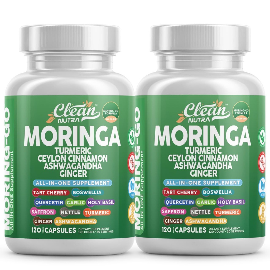 Moringa Powder Capsules + Turmeric Moringa Leaf Ceylon Skořice Ashwagandha Ginger Tart Cherry Oswellia Quercetin Česnek Basil Saffron Nettle Black Pepper Moring- Supplement by Clean Nutra (2)