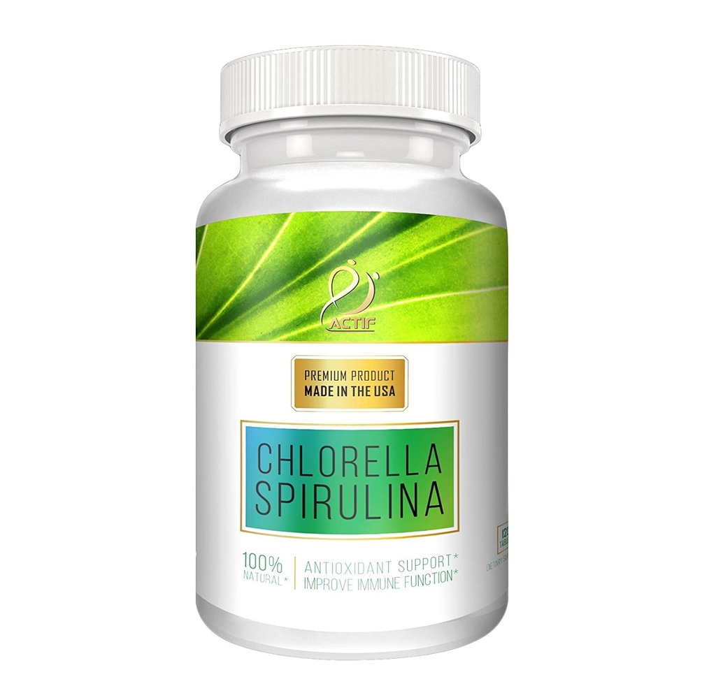 ActiF 100% Ocean Cleoned Organic Chlorella a Spirulina, Non- GMO, Nejlepší Detox a Vegan dietní dodatek, Vyrobeno v USA - 120 Tablety