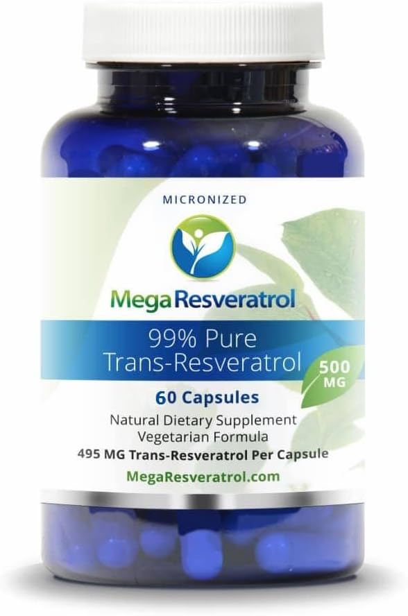 Mega Resveratrol, léková forma, 99% čistý, izolát, mikronizovaný transveratrol, 60 Veggie Caps, 500 mg v jedné tobolce. Čistota ověřena. Absolutně NO Toxické "neaktivní" přísady přidány.