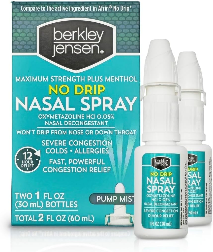 berkley jensen No Drip těžké kongestion Nasal Spray - Maximální síla Decongestant s Oxymetazolin HCl & Menthol - čerpadlo Mist aplikátor, No Steroid, 12 Hodin Relief, 1 Fluid Ounce (balení po 2)