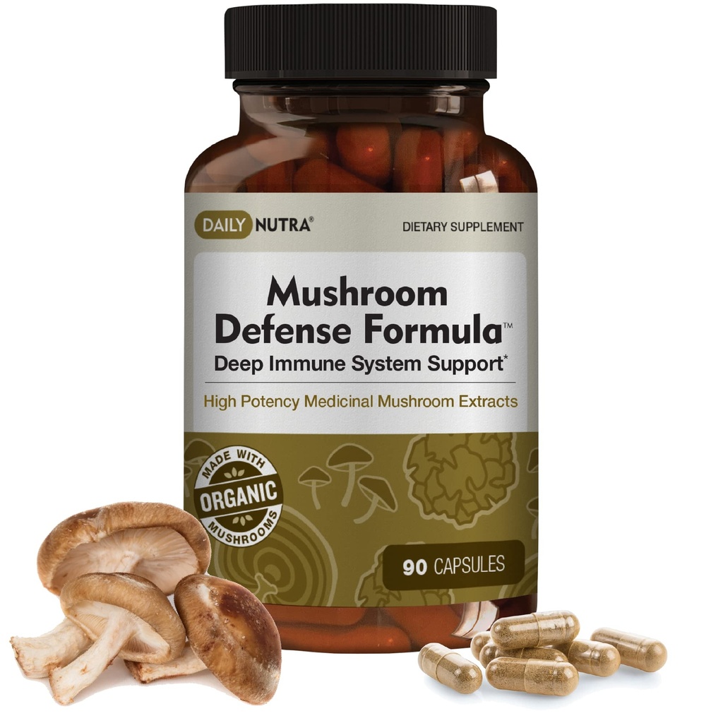 DailyNutra Houba Defense Formule - Imunity Support Supplement 124; Organic Houby, Hot Water Extraded - Reishi, Chaga, Maitake, Shiitake & Turkey Tail (90 Kapsle)