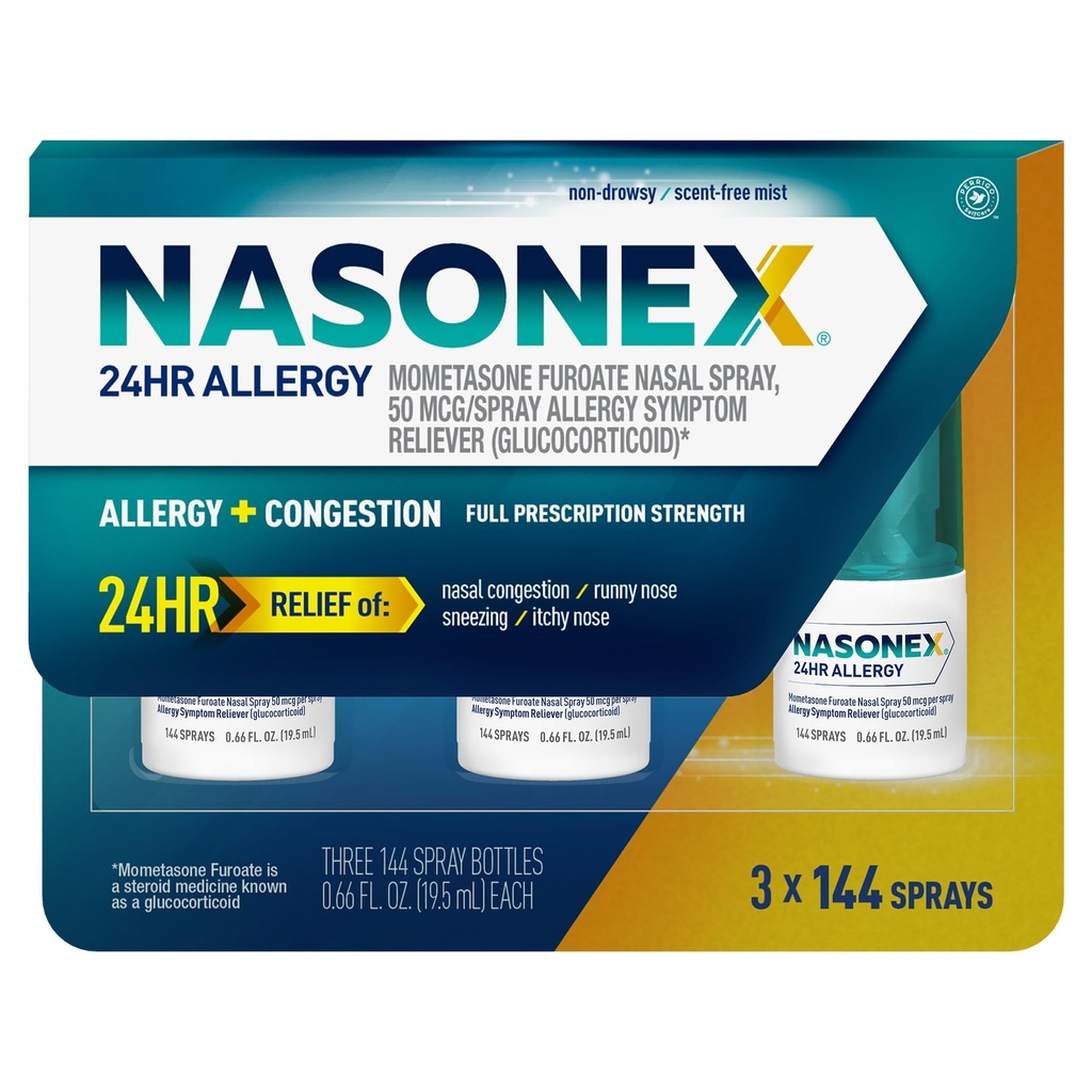 Nasonex 24HR Alergie Nasal Spray, Non- Drowsy, Scent- Free Mist, Alergie Symptomy + Nasal Congestion, Full Prescription Spray, 120 Sprays (3 Pack)