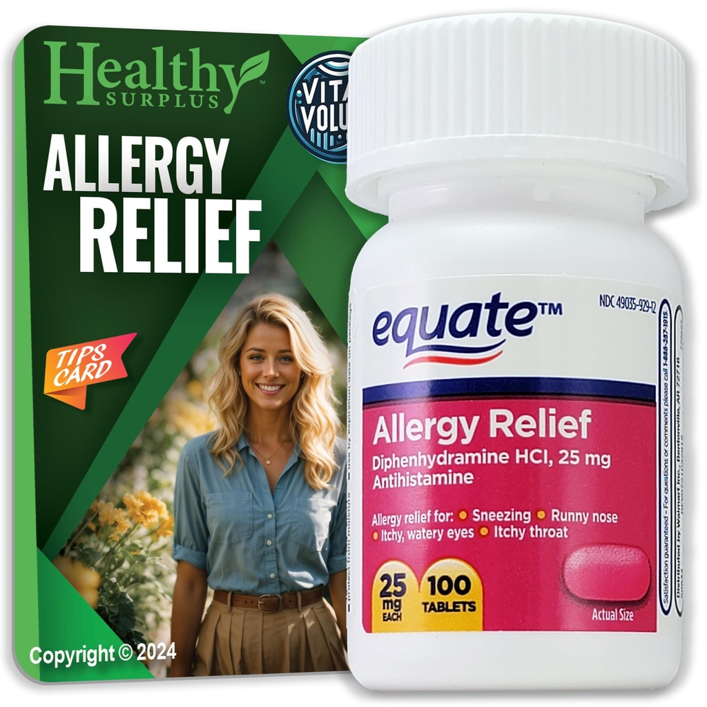 Zdravé Surplus ® Vital Volumes Tipy Karta & Rovná alergie Relief Difenhydramine HCL, 25 mg 100 Tablet Bundle