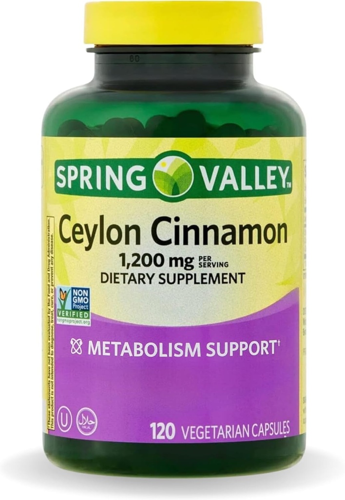 Jarní údolí Ceylon Skořice Kapsle 1200 mg Kapsle, Podpora Metabolismus * 120 Počítání 124; Non- GMO & gluten Volné pilulky (Balení po 1)