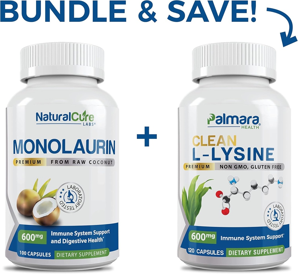 Natural Cure Labs Bundle: Premium Monolaurin 600mg + Clean L- Lysin 600mg