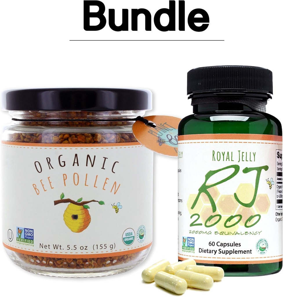 Greenbow Organic Bee Pollen - 100% USDA Certified Organic, Pure, Natural Bee Pollen - Superfood Balený s bílkovinami, vitamíny a minerály - 155g Royal Jelly 2000mg 60 čepice