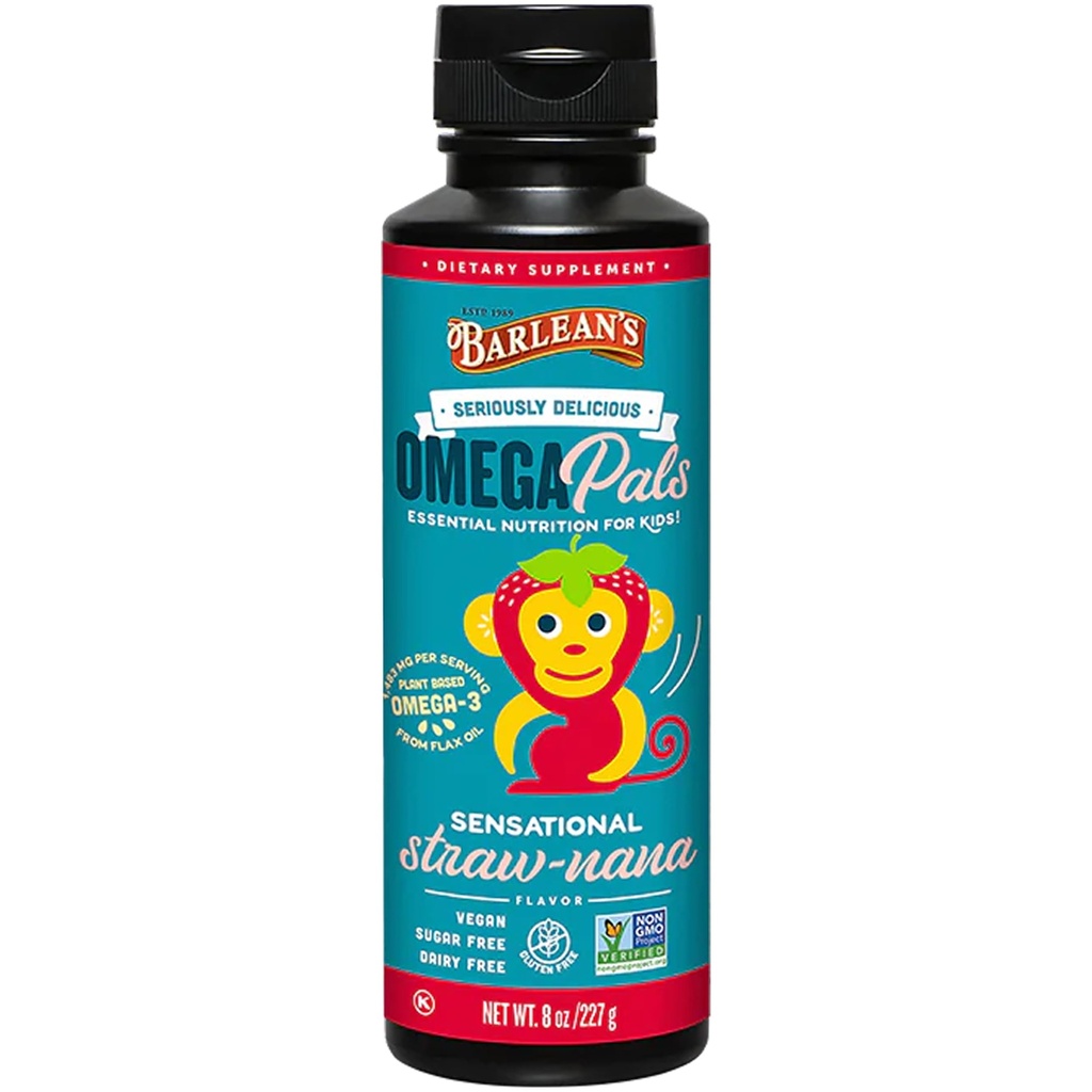 Barlean Omega Pals Omega 3 pro děti, Yummy Straw- Nana ochucené dětské tekuté Flax Seed Oil dodatek s 1,483 mg ALA, Non- GMO, Vegan Brain and Eye Health, 8 oz
