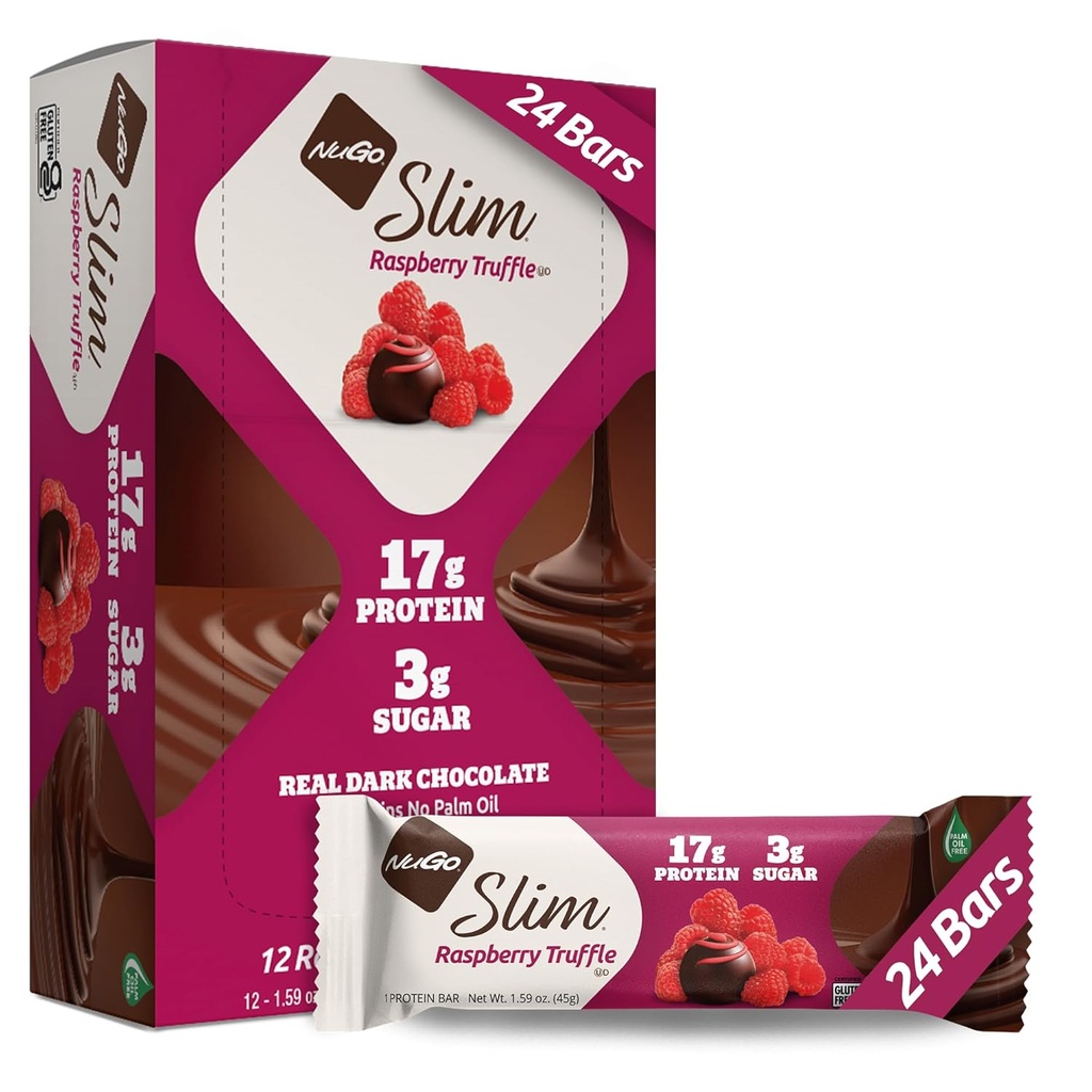 NuGo Slim Dark Chocolate Raspberry Truffle, 17g Protein, 2g Sugar, 7g Fiber, Low Net Carb, Keto Friendly, Gluten Free, 24 Počet