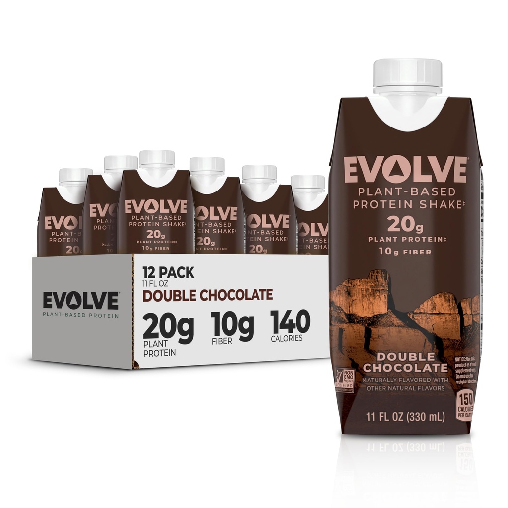 Evolve Plant Based Protein Shake, Double Chocolate, 20g Vegan Protein, Dairy Free, No umělé sladkosti, Non- GMO, 10g Fiber, 11 Fl Oz (Pack of 12) - (Formule May Vars)