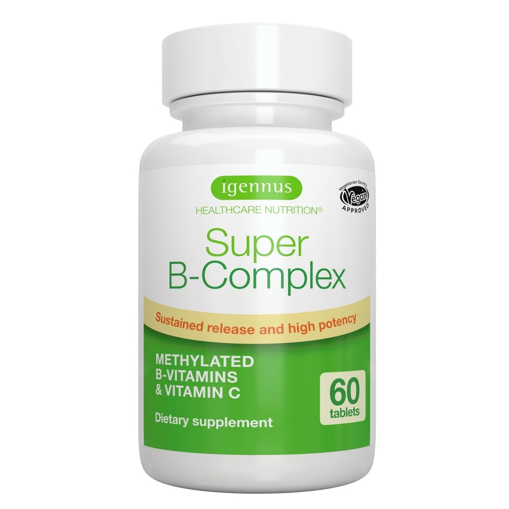 Igennus Super B- Complex Methylovaný B vitaminy - trvalé uvolňování, čisté štítek & vysoká absorpce, s 5-MTHF folát & methyl B12, energie, mood & kognitivní výkon, Laboratorní ověřené, 60 malých tablet