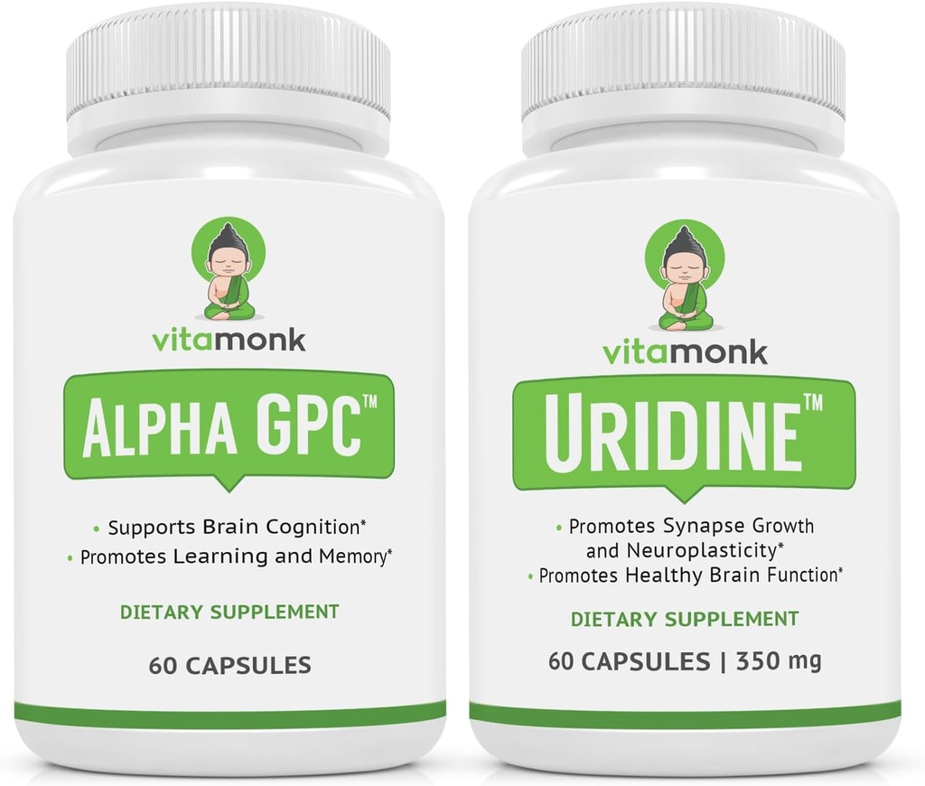 VitaMonk Alpha GPC a Uridine Stack - pan Happy Stack - Uridine Monofosfát bez umělých plnidel - Biologicky dostupné Cholinové doplňky Podpora poznávání, Focus, Duševní jasnost