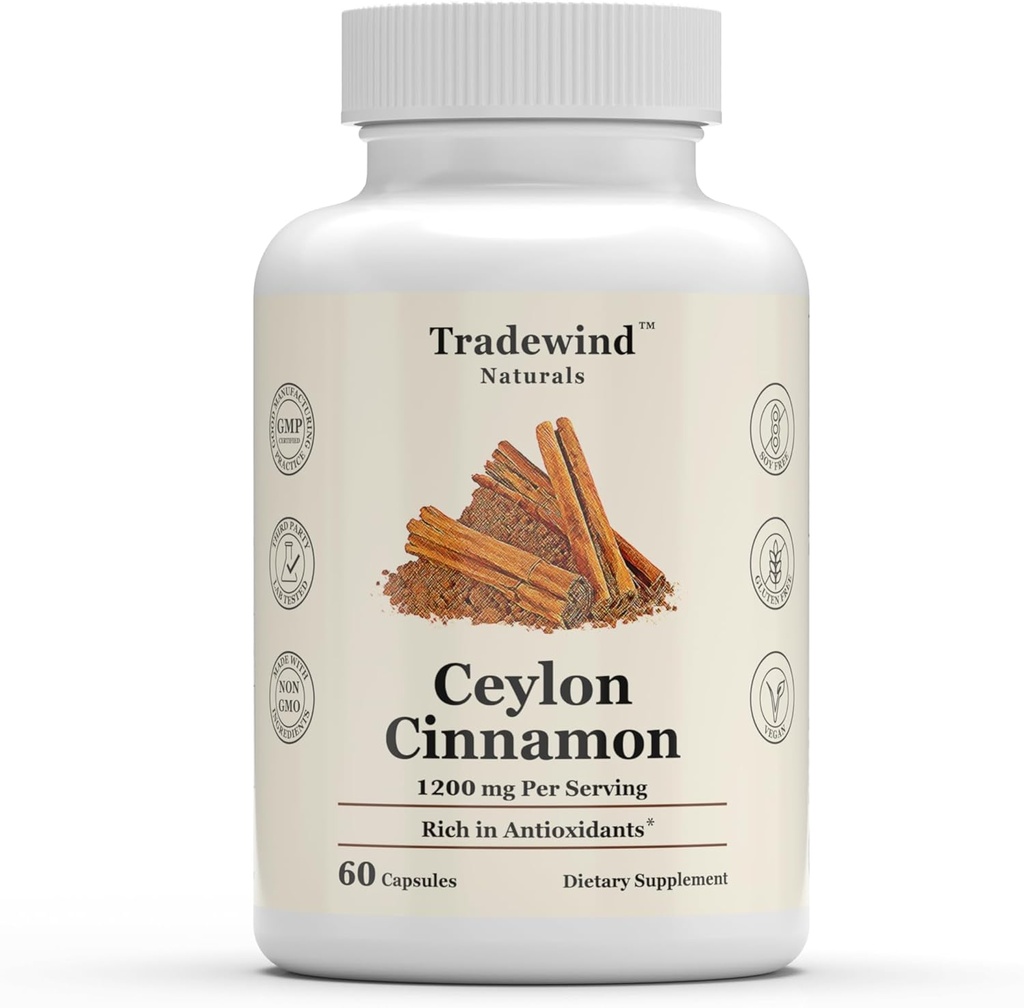 Ceylon Skořice 1200mg - Čistá Ceylon Skořice - Vegan - Non- GMO - Podpora srdce a kognitivní zdraví - Bohatí na antioxidanty - 60 Rostlinné kapsle - Made in USA