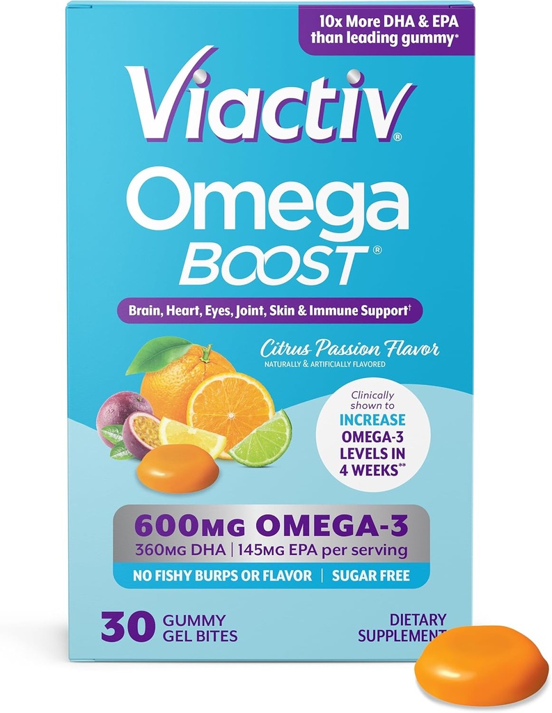 Viactiv Omega 3 Fish Oil Gummies. Dodatek EPA DHA pro zdraví srdce a mozku, 30 bezcukerné vitamíny, 1ks Serving