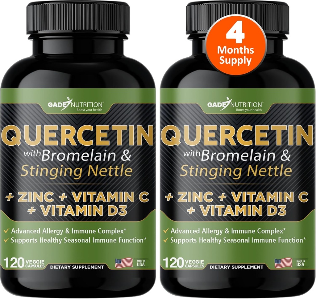 Gade Nutrition Quercetin s vitaminem C a zinkem - Nettle Quercetin - Quercetin 500mg - Quercetin s Bromelainem - Zinek Quercetin + Vitamin D3-240 Veggie Caps - Non- GMO - 4 měsíční dodávky
