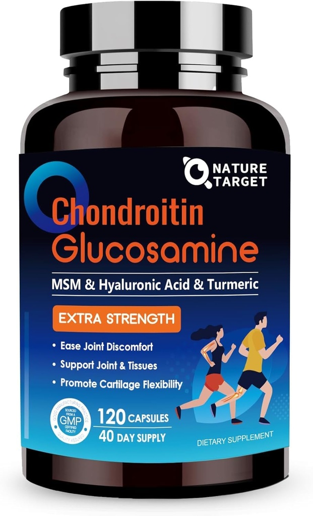 NATURE TARGET Glucosamine Chondroitin MSM, Společná podpora dodatek, Shellfish Free, Turmeric Boswellia, Hyaluronic Acid, Kolagen, Kalium pro chrupavku a zdraví kostí, 120 Kapsle, 40 Podání