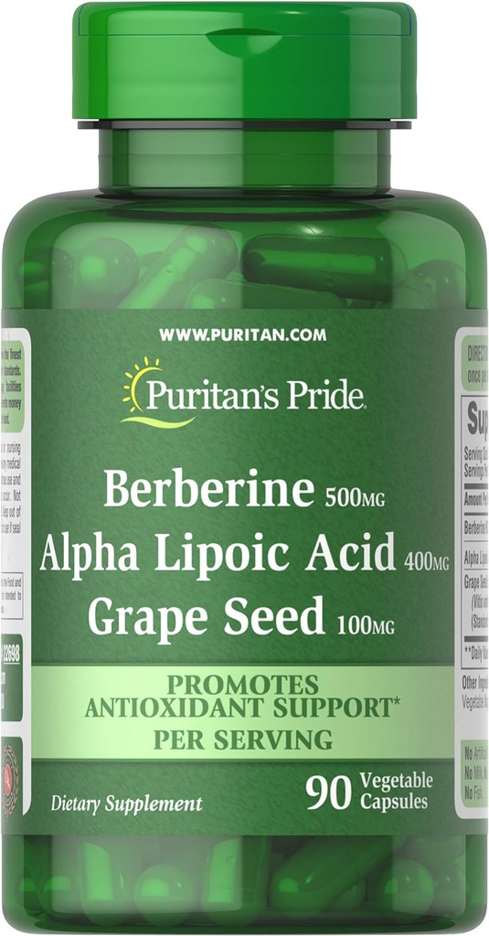 Puritan 's Pride Berberine, Alpha Lipoic acid & Grape Seed, Promotes Antioxidant Support, 90 Zeleninové kapsle