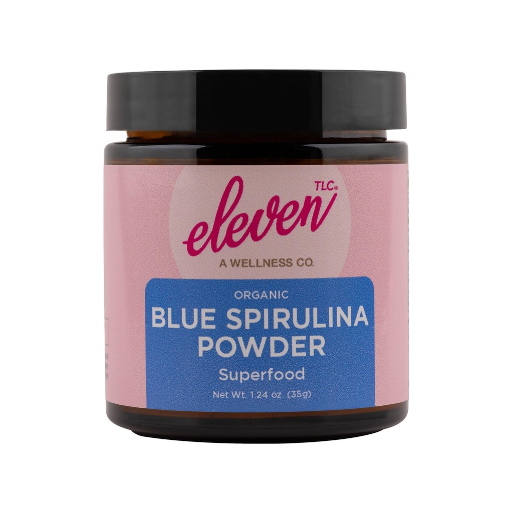 Jedenáct TLC, Organic Blue Spirulina Powder, Flavorless, Superfood, Vitamíny + Minerály, Espirulina Azul en Polvo, Plant Protein, Non- GMO, Non Messy Glass Jar, 1.24 Ounce 35 Servings