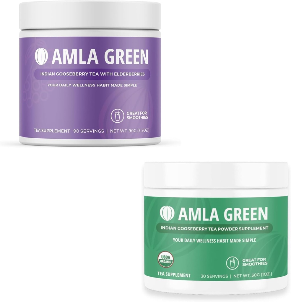Amla Powder & Green Tea Superfood Dodatek, Antioxidant Support, Made with Elderberry (90 Servings) & Indian Gooseberry (30 Servings), Organic, Vegan