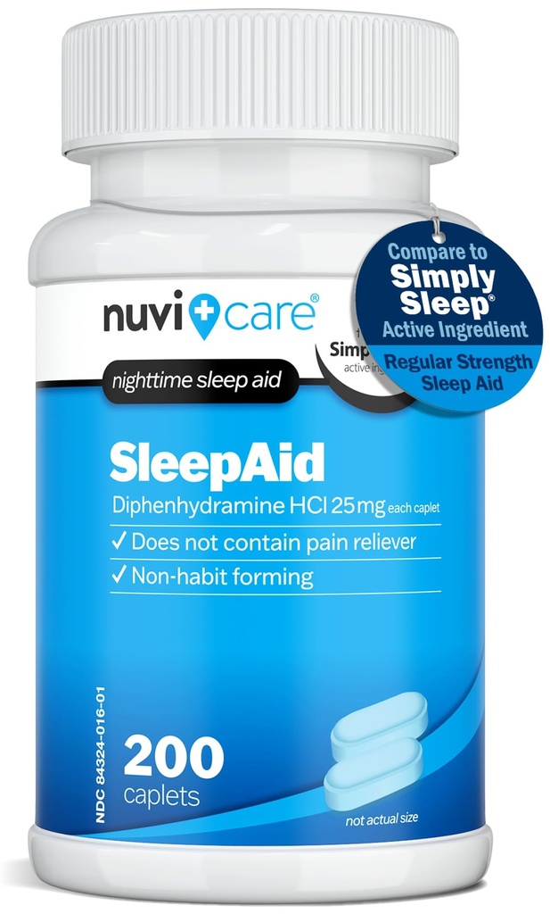 Nighttime Sleep Aid with Diphenhydramine HCl 25 mg - Non Habit Forming Pravidelné síly Spící pilulky pro dospělé - Neobsahuje úlevu od bolesti - OTC spánkové pomůcky pro dospělé (200 kaplet)