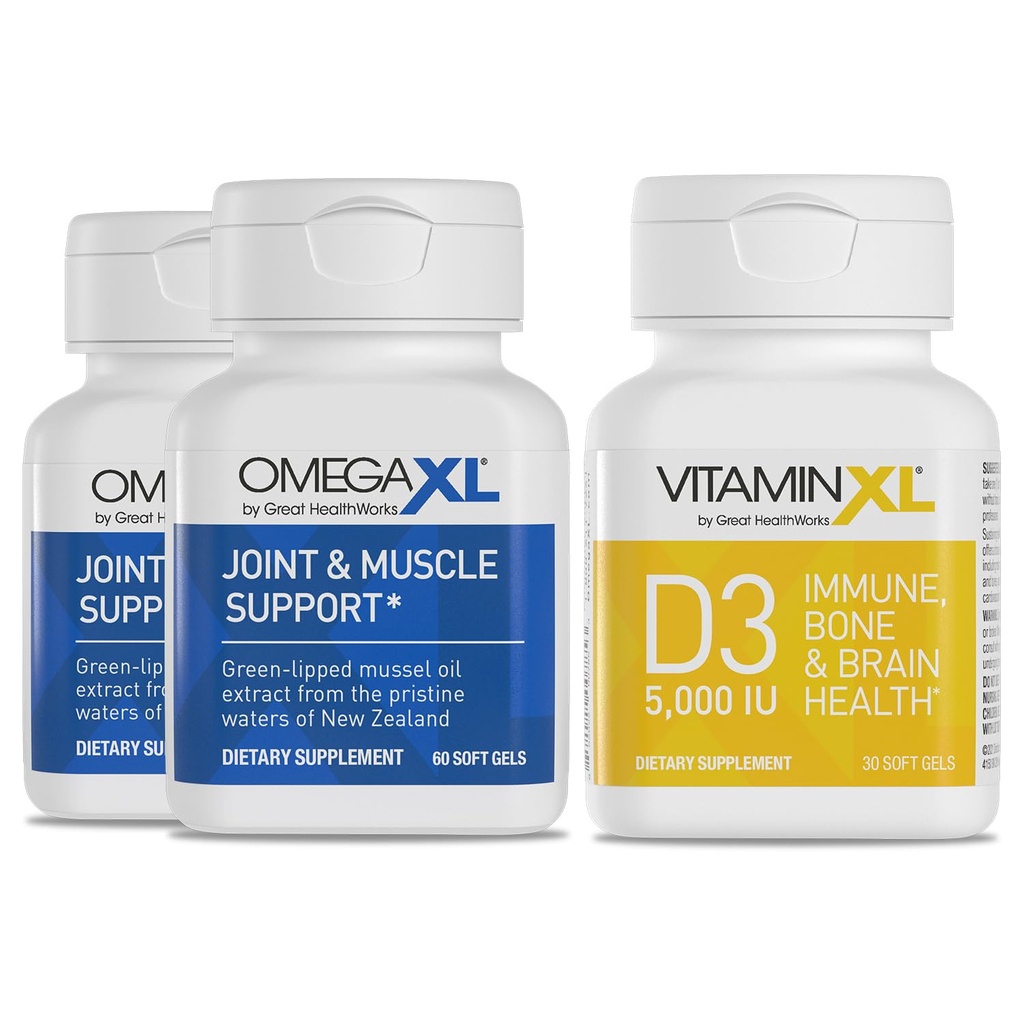 OmegaXL Joint Support Supplementary - Natural Muscle / Imunitation Support, 60 Softgels (2 balení) & VitaminXL D3 High Potency Daily Vitamin D 5000 IU 125mcg Supplementary (30 Softgels)