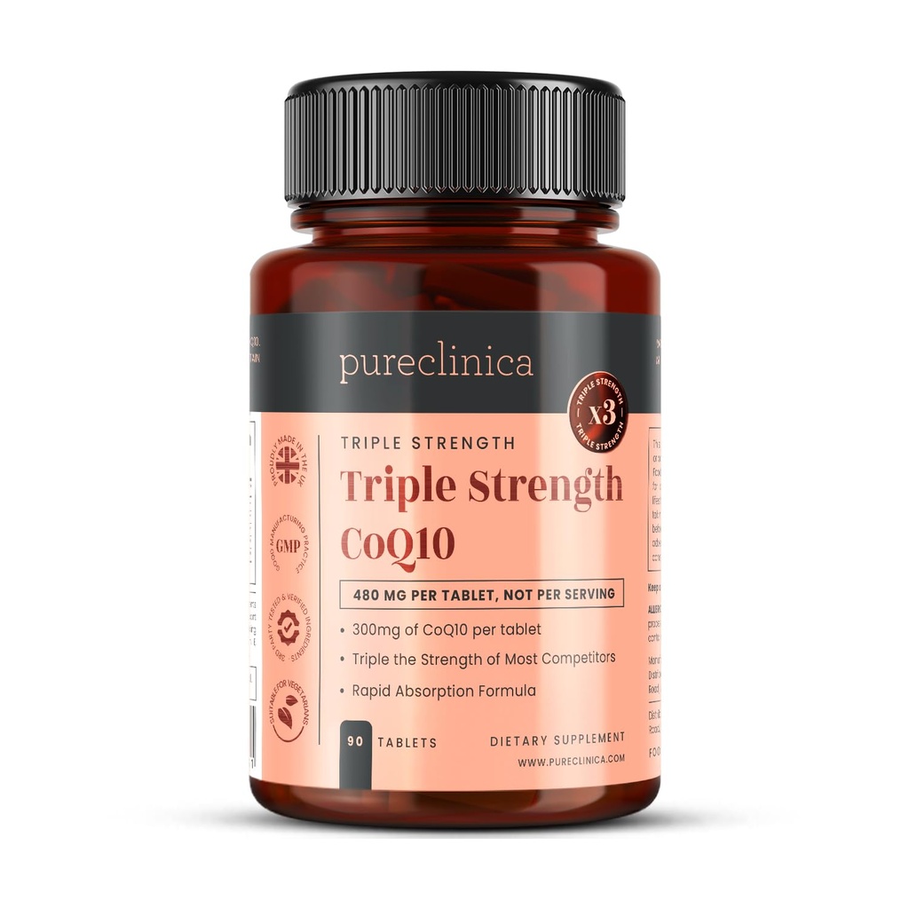 pureclinica fermentované CoQ10 300mg x 90 tablet. Non GMO, USP Grade. Přidaný vitamin C a černý pepř extrakt pro absorpci.