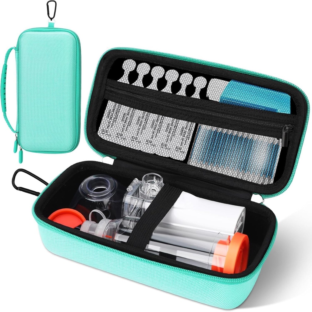Asthma Inhaler Case, Přenosný Nebulizer Organizátor, Travel- Ready with Mesh Pocket, Double Zippers, Silicone Handle, Děti a dospělí, Stylish Green